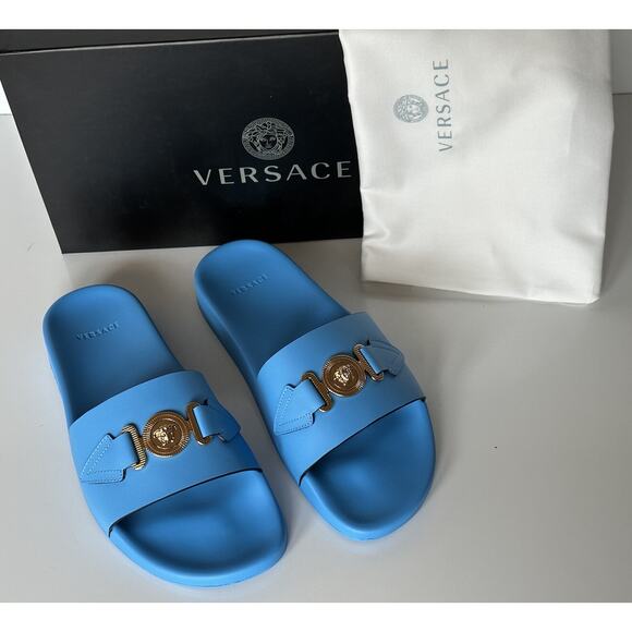 NIB $575 Versace Gold Medusa Leather/Rubber Sandals Blue 9.5 (42.5) 1004983 IT main image 8